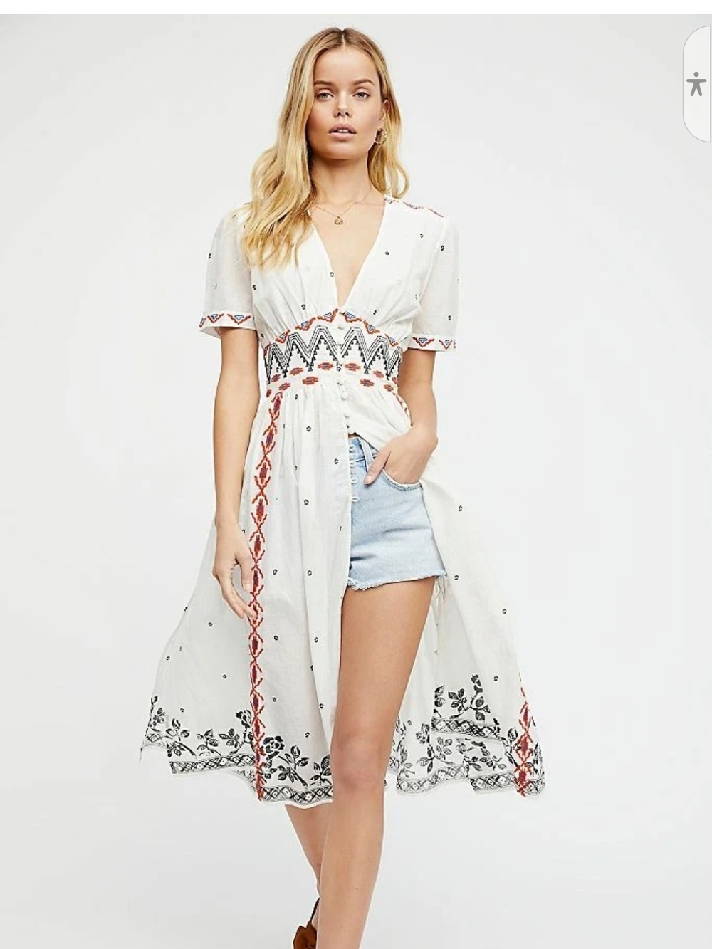 Free People White Embroidered High-Low Maxi Dress with Rust & Black Details
